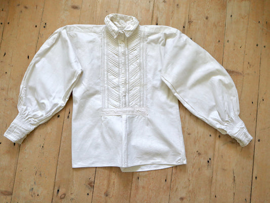1940s Romanian White Linen Folk Shirt Folded Pleat Detail Top Stitching Button Collar