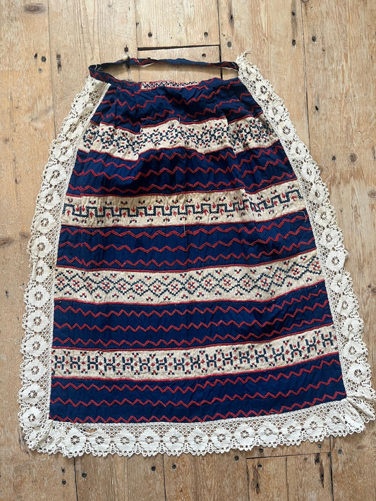 1930s French Apron Embroidered Red white Blue Crochet Lace