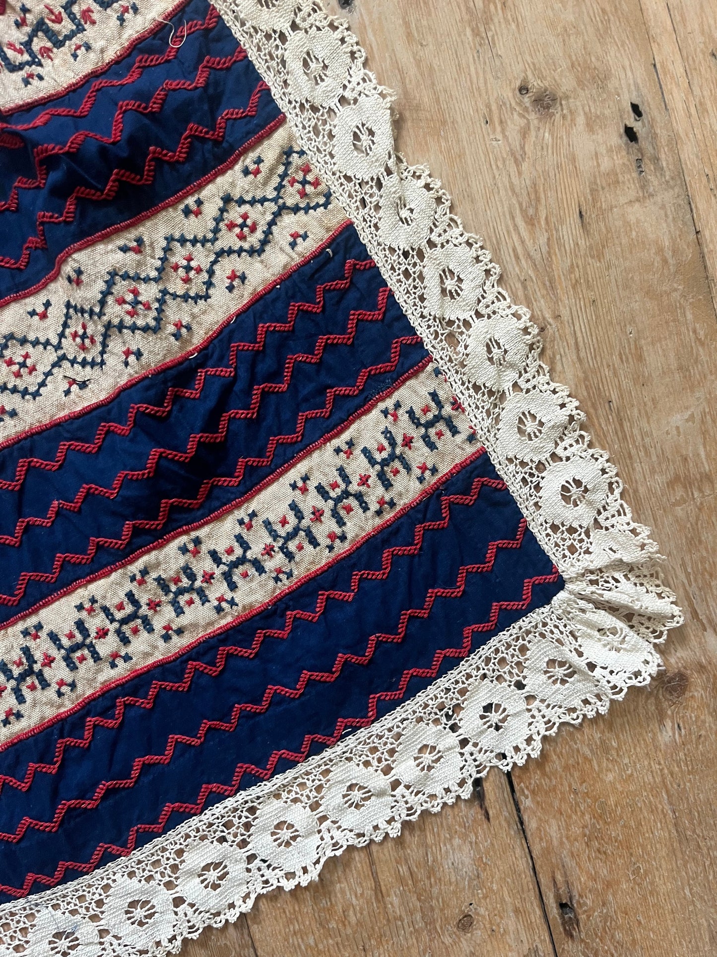 1930s French Apron Embroidered Red white Blue Crochet Lace