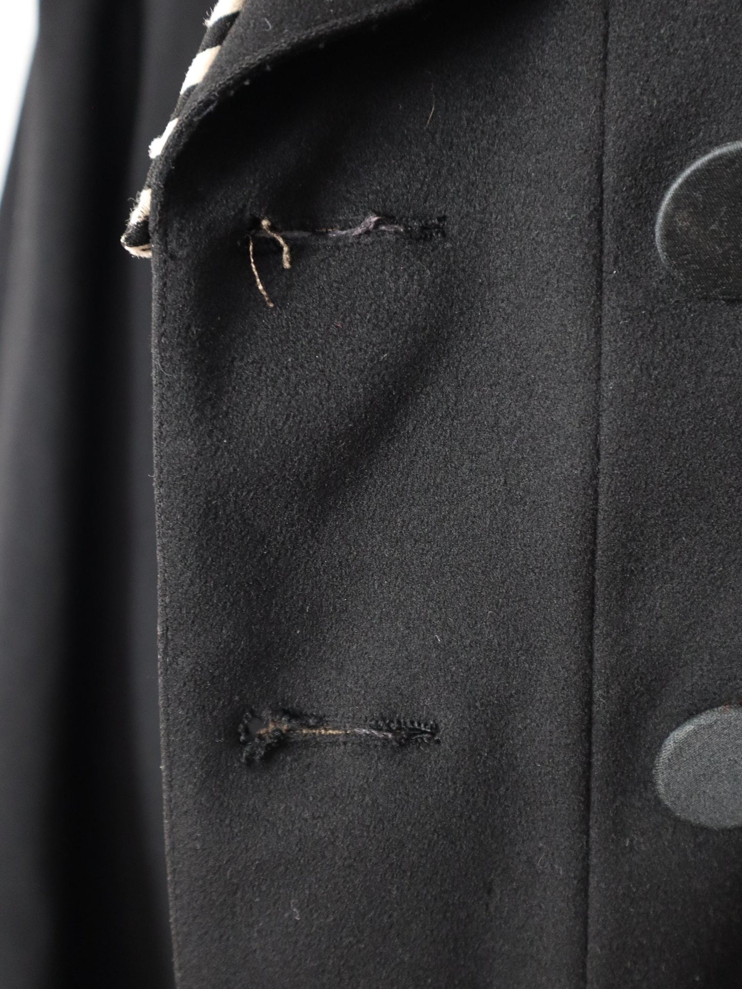 Antique Belle Jardinière Paris black wool coat with striped trim and silk buttons early 1900