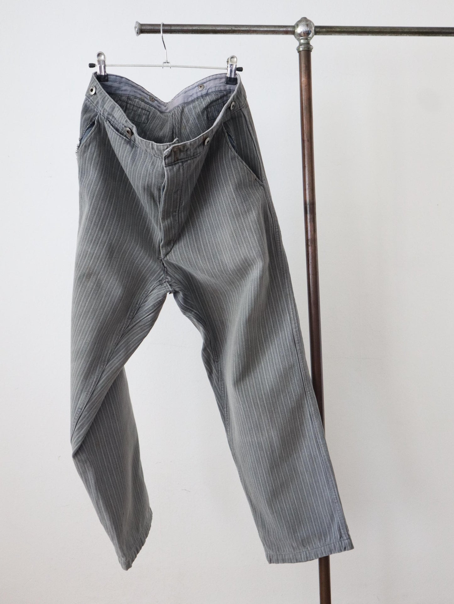 French workwear trousers light grey striped cotton cinch back Chore Pants