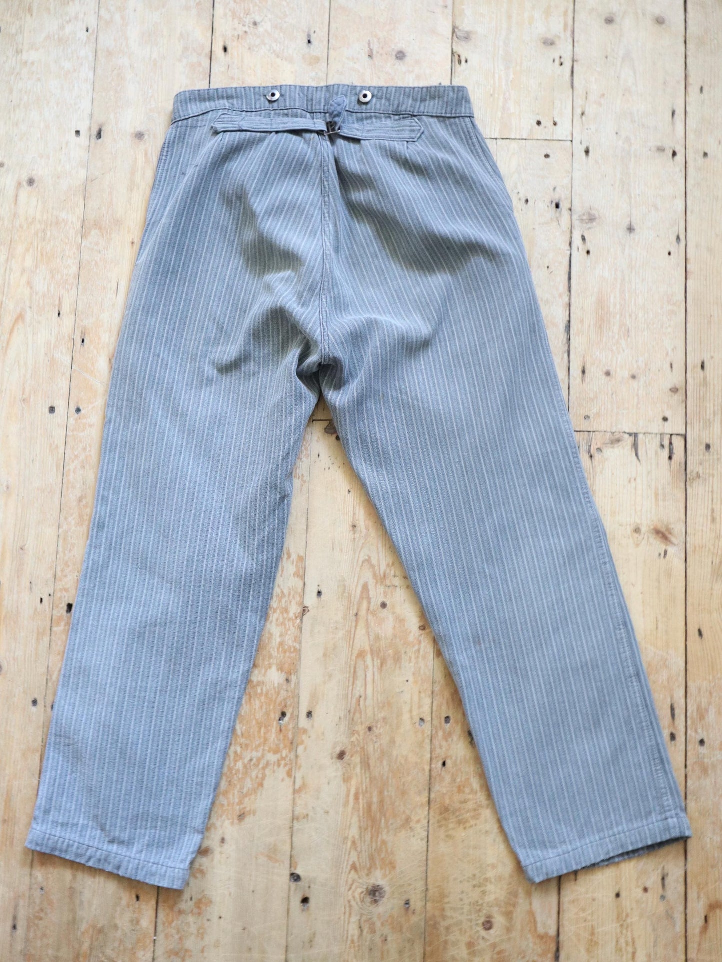 French workwear trousers light grey striped cotton cinch back Chore Pants