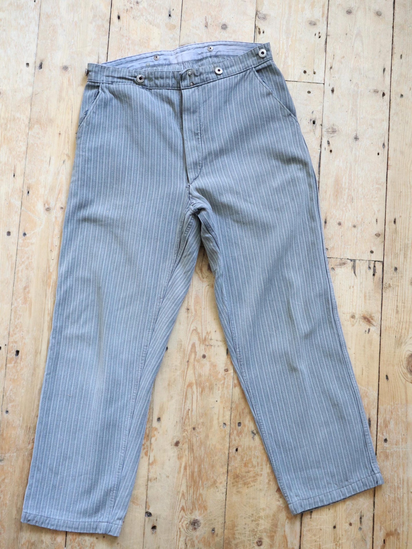 French workwear trousers light grey striped cotton cinch back Chore Pants