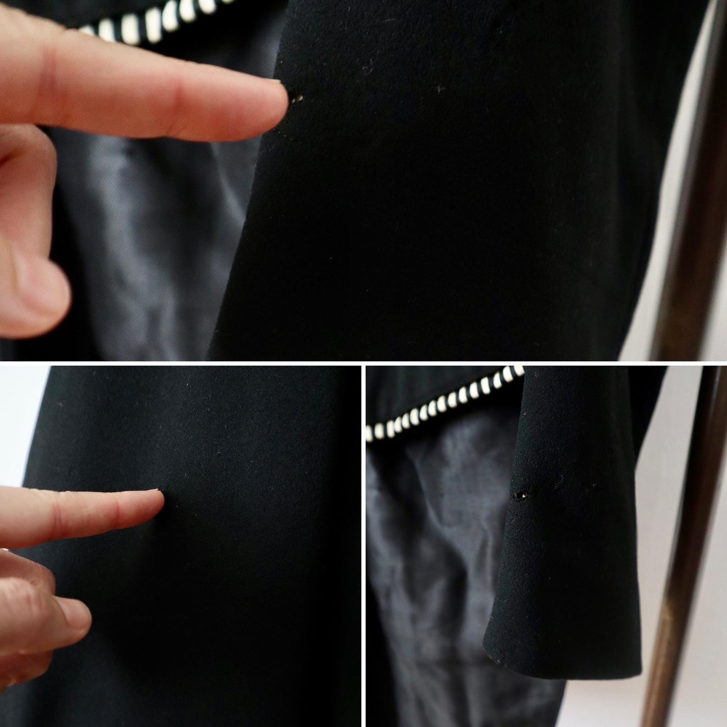 Antique Belle Jardinière Paris black wool coat with striped trim and silk buttons early 1900