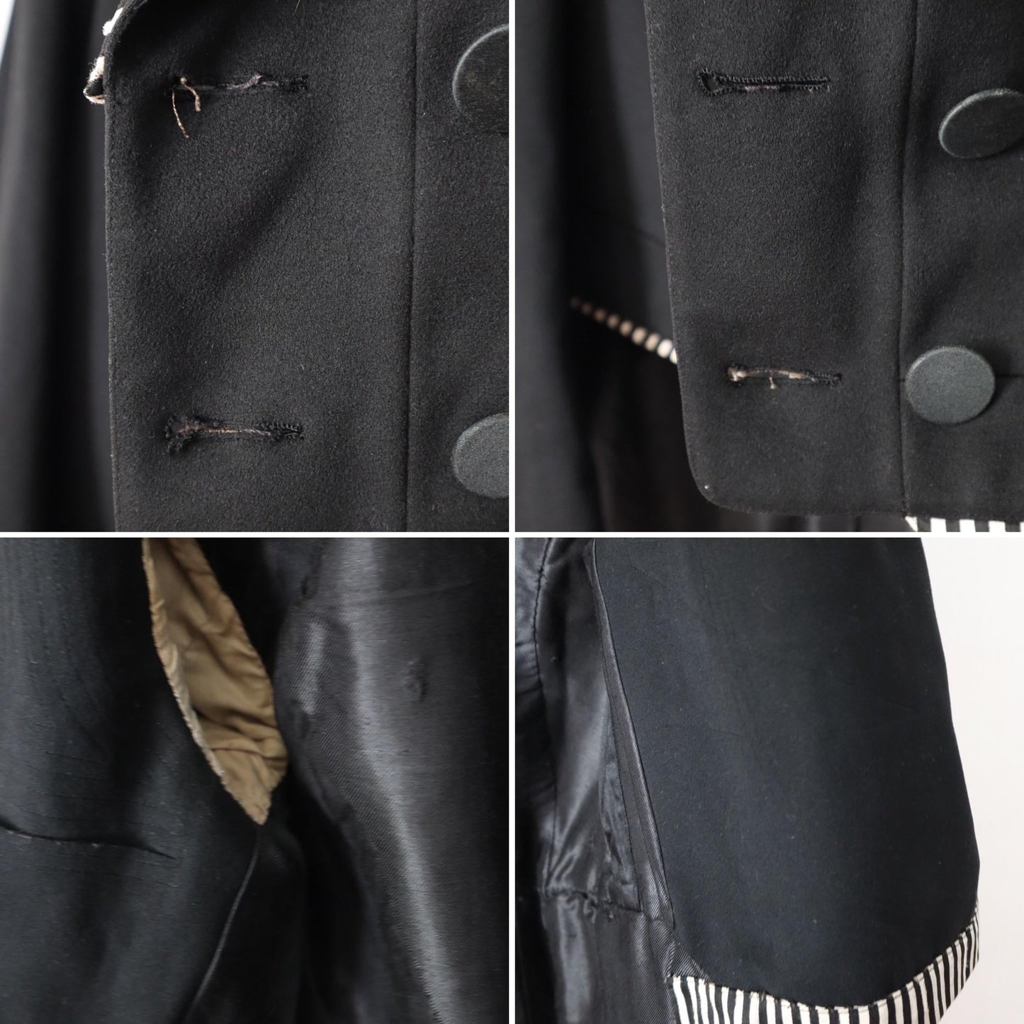 Antique Belle Jardinière Paris black wool coat with striped trim and silk buttons early 1900