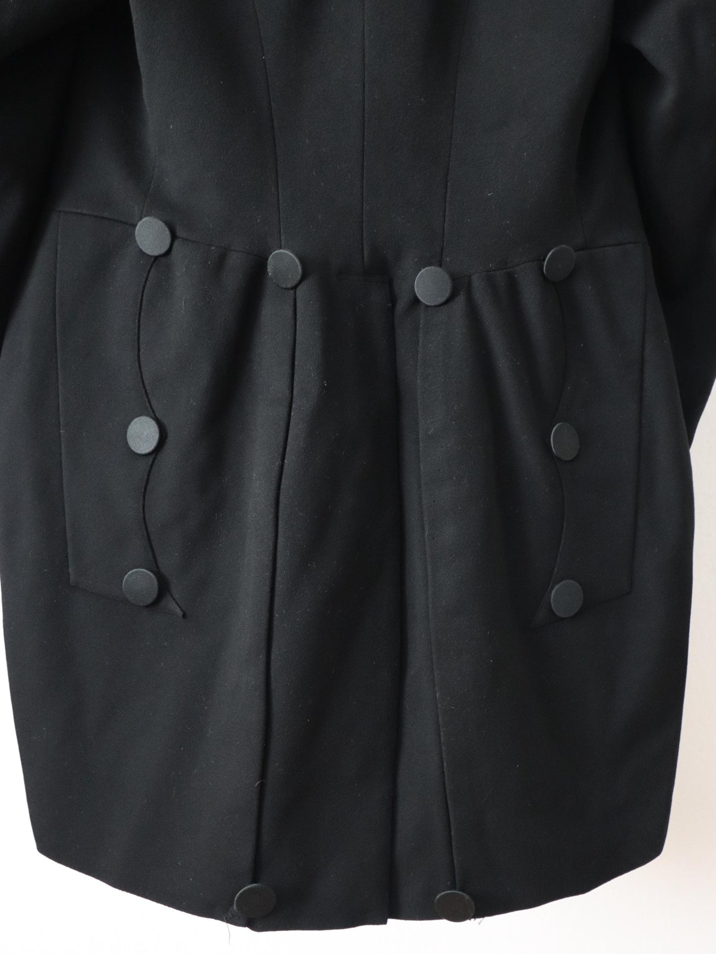 Antique Belle Jardinière Paris black wool coat with striped trim and silk buttons early 1900