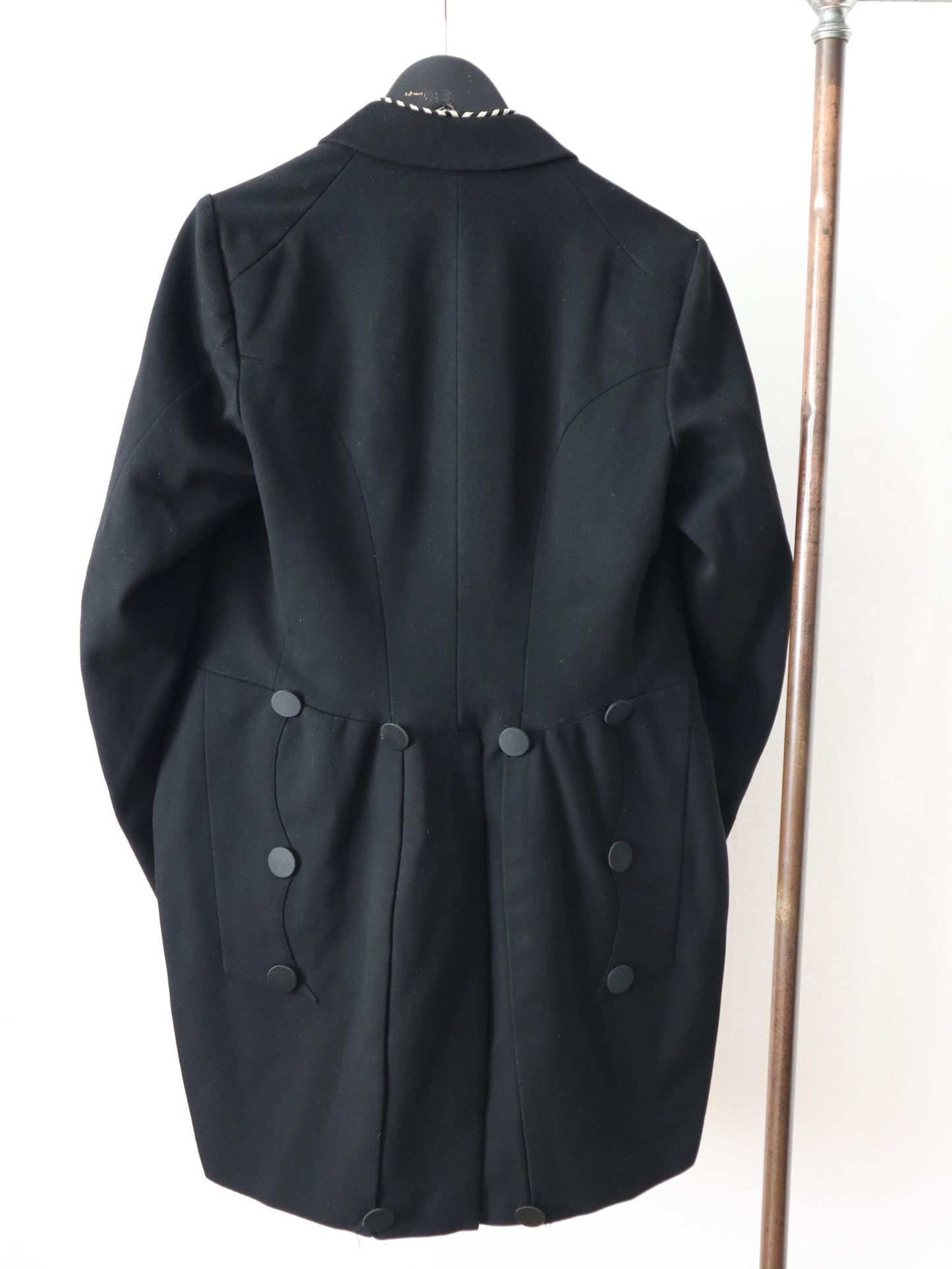 Antique Belle Jardinière Paris black wool coat with striped trim and silk buttons early 1900