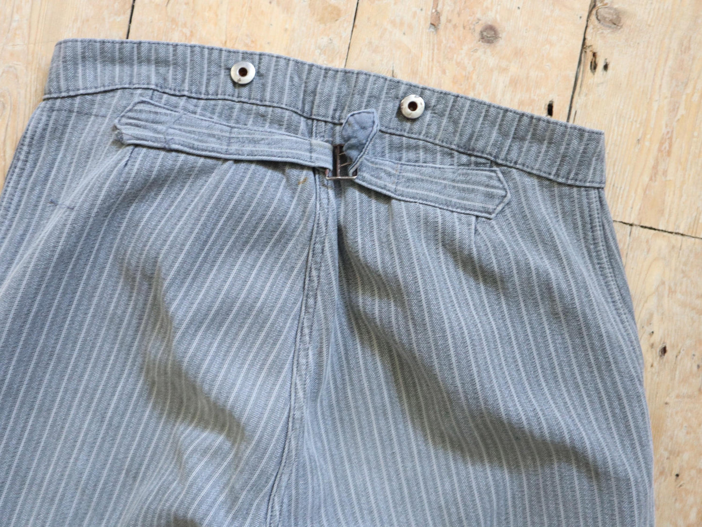 French workwear trousers light grey striped cotton cinch back Chore Pants