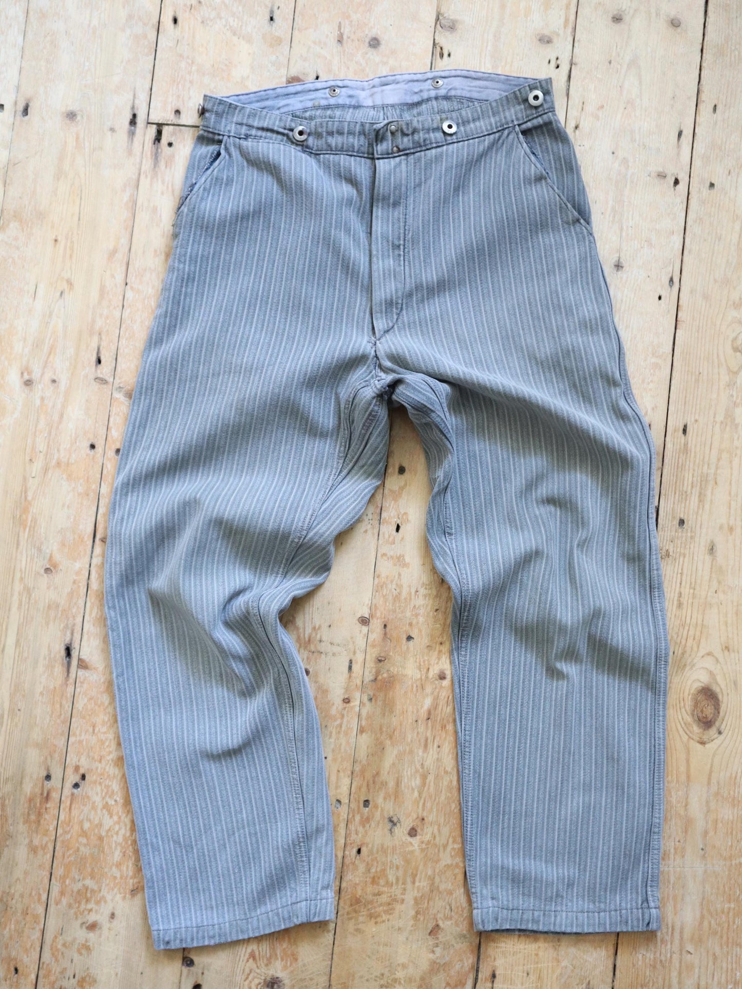 French workwear trousers light grey striped cotton cinch back Chore Pants