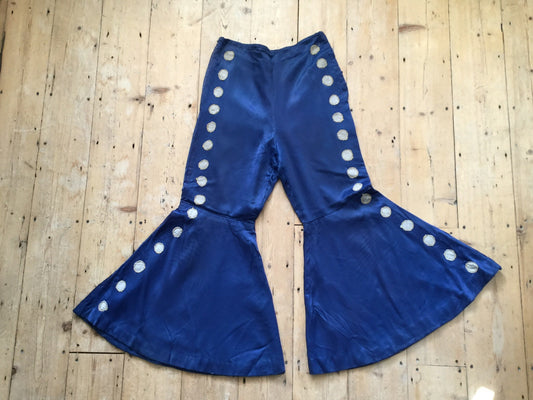 1920s - 1930s Parisian Costume Bell Bottom Flared Trousers French Theatre Blue Silk Spots XS S Vintage Original Rare