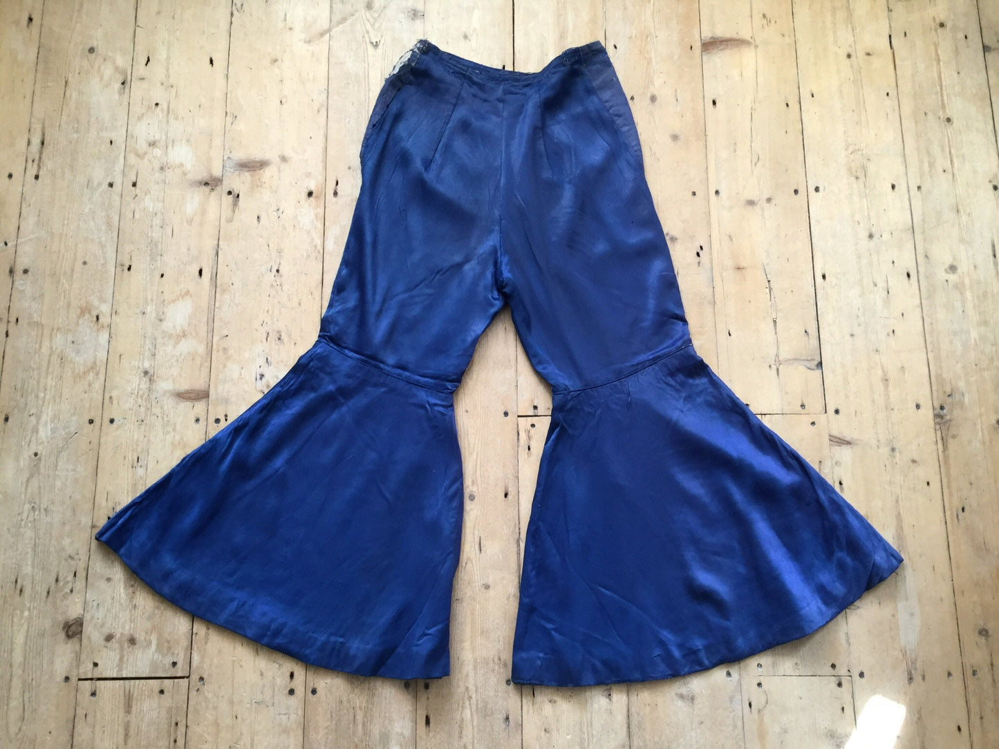 1920s - 1930s Parisian Costume Bell Bottom Flared Trousers French Theatre Blue Silk Spots XS S Vintage Original Rare