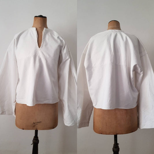 Slovakian White Linen Folk Tunic Smock Top shirt Embroidered Extra Long Sleeves 1940s