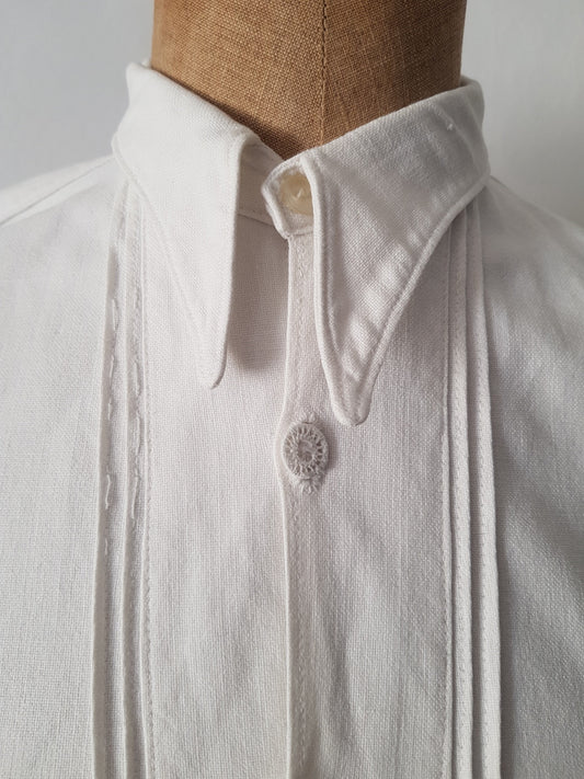 1930s Slovakian White linen shirt button collar traditional folk clothing Eastern European minimalist