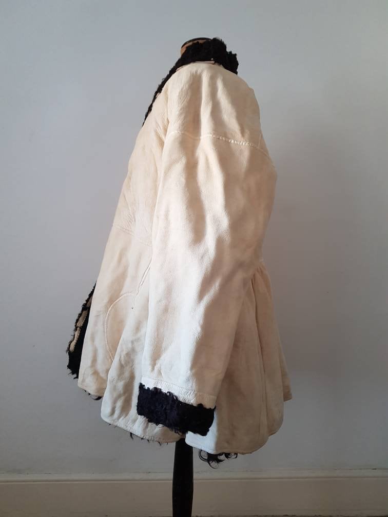 RARE Antique white sheepskin folk jacket coat Hutsul Ukrainian sheep hair interior
