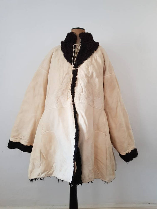RARE Antique white sheepskin folk jacket coat Hutsul Ukrainian sheep hair interior