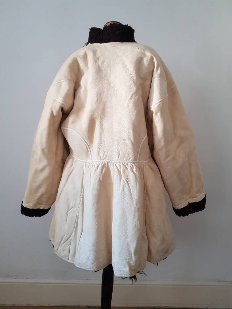 RARE Antique white sheepskin folk jacket coat Hutsul Ukrainian sheep hair interior