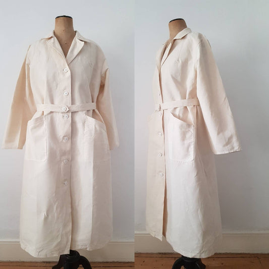 1940s French Military Long Cotton Jacket Pockets single breasted workwear unworn natural cream Ecru