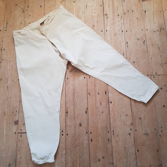 1930s French cream cotton under trousers cinch back button ankle