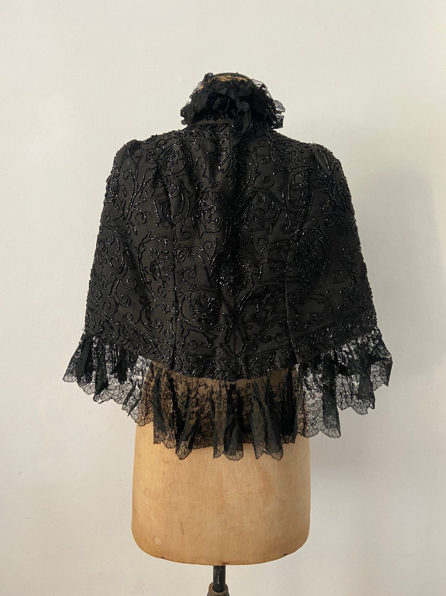 Early 1900s French antique mantle cape black silk grosgrain lace beading