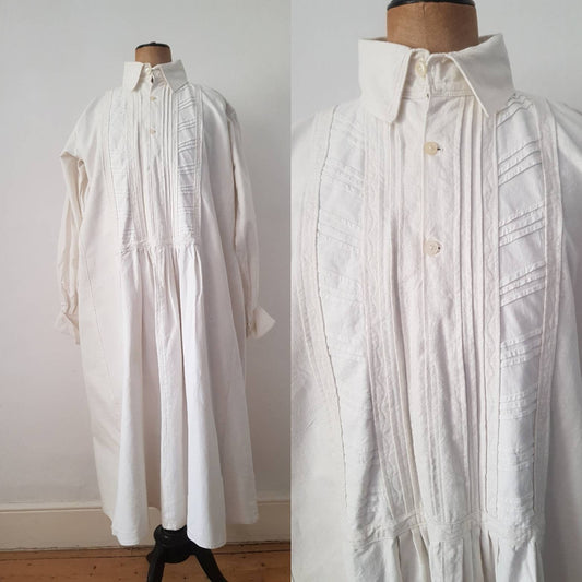 1940s White Linen Folk Smock Shirt Transylvanian Eastern European Traditional Costume Pleated Long