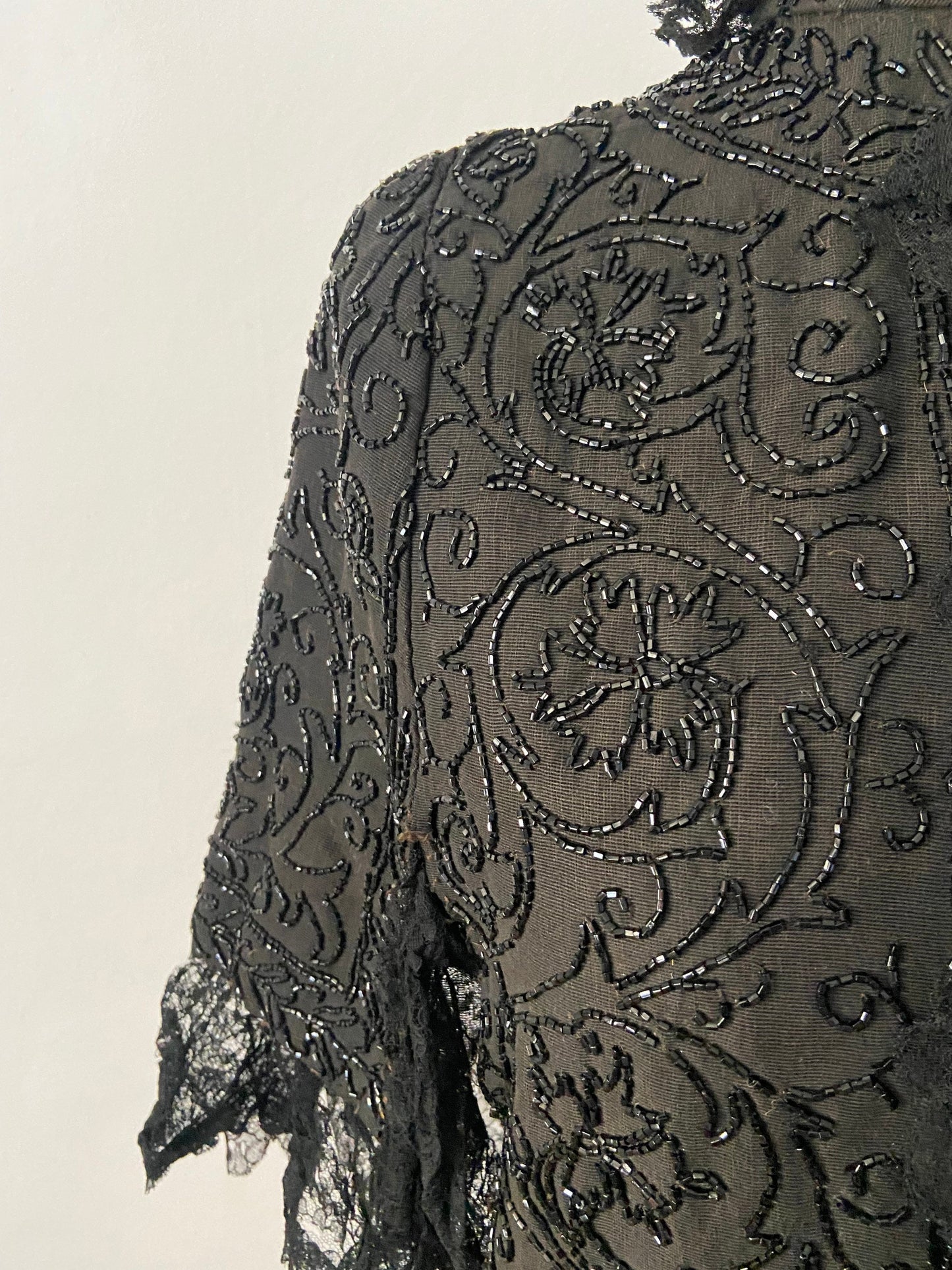 Early 1900s French antique mantle cape black silk grosgrain lace beading