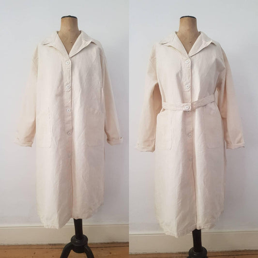 1940s-50s French Military Hospital Cotton Coat Jacket Chore Vintage Unworn Deadstock Workwear Cream