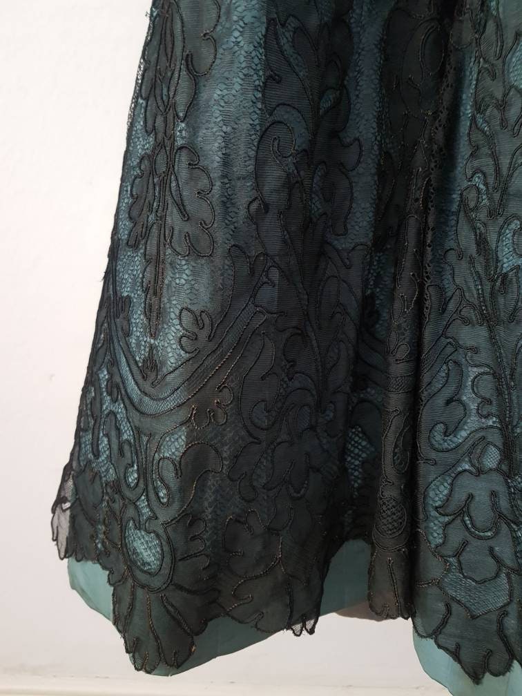 19th century French Teal Silk Skirt Black Lace Bows Antique Long