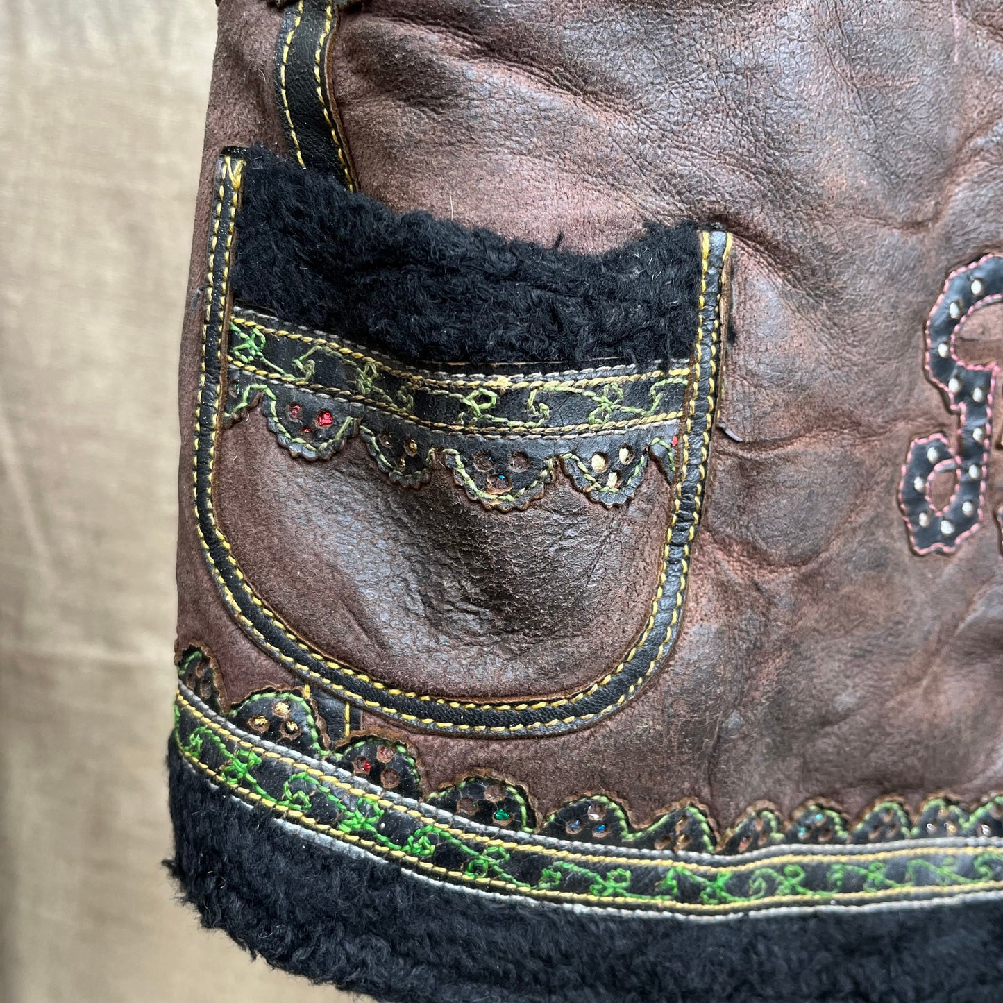1920s Hungarian sheepskin leather vest waistcoat embroidered tooled brown green Eastern European