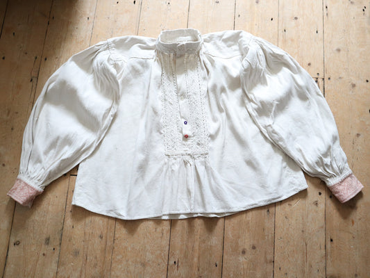 1930s Hungarian Linen Folk Shirt Glass Buttons Pleats Eastern European Cutwork Pleats Pink Embroidery