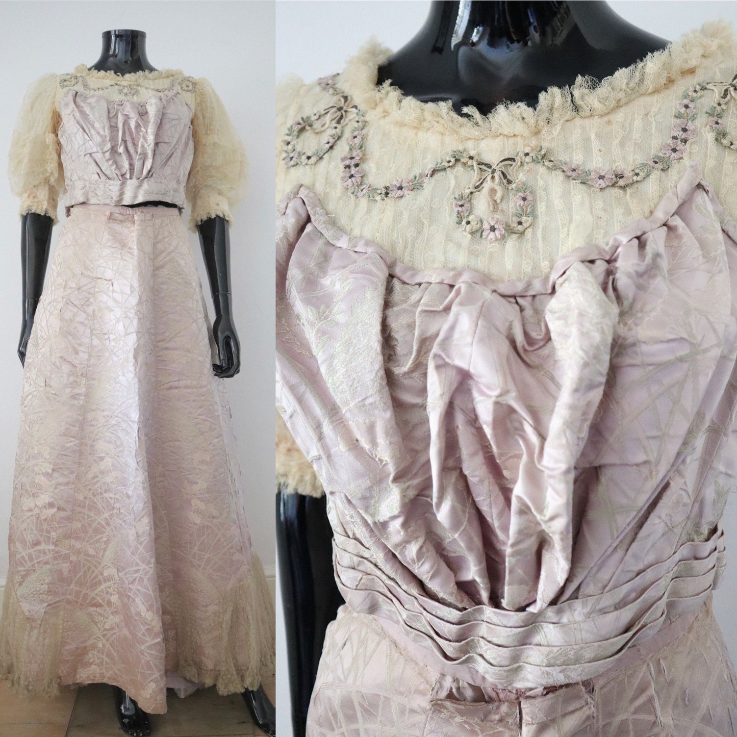 Antique French Lilac Silk Brocade Bodice Skirt Costume Boned Floral 1900 Lace