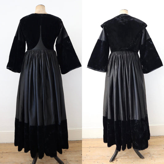 Antique French Breton Costume Dress Bodice Black Velvet Cotton Indigo late 19th century traditional clothing Britanny