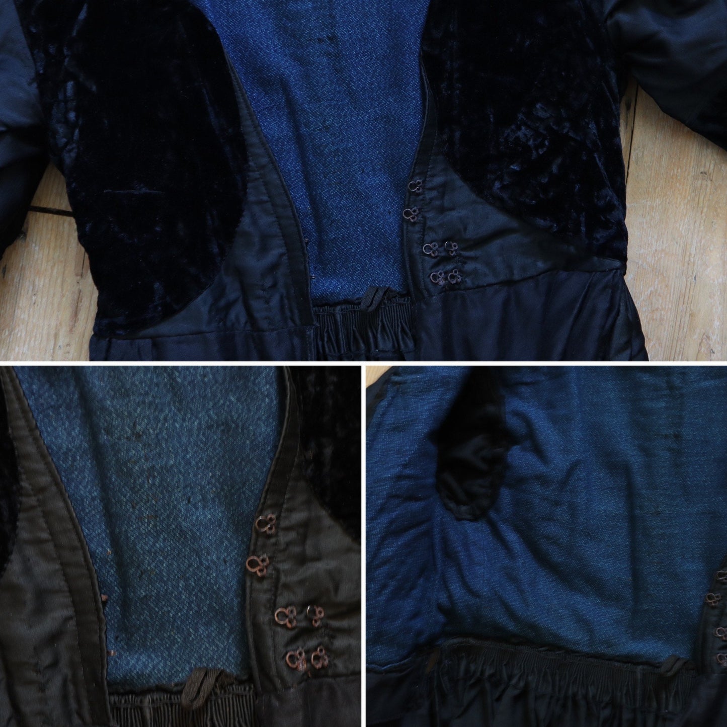 Antique French Breton Costume Dress Bodice Black Velvet Cotton Indigo late 19th century traditional clothing Britanny