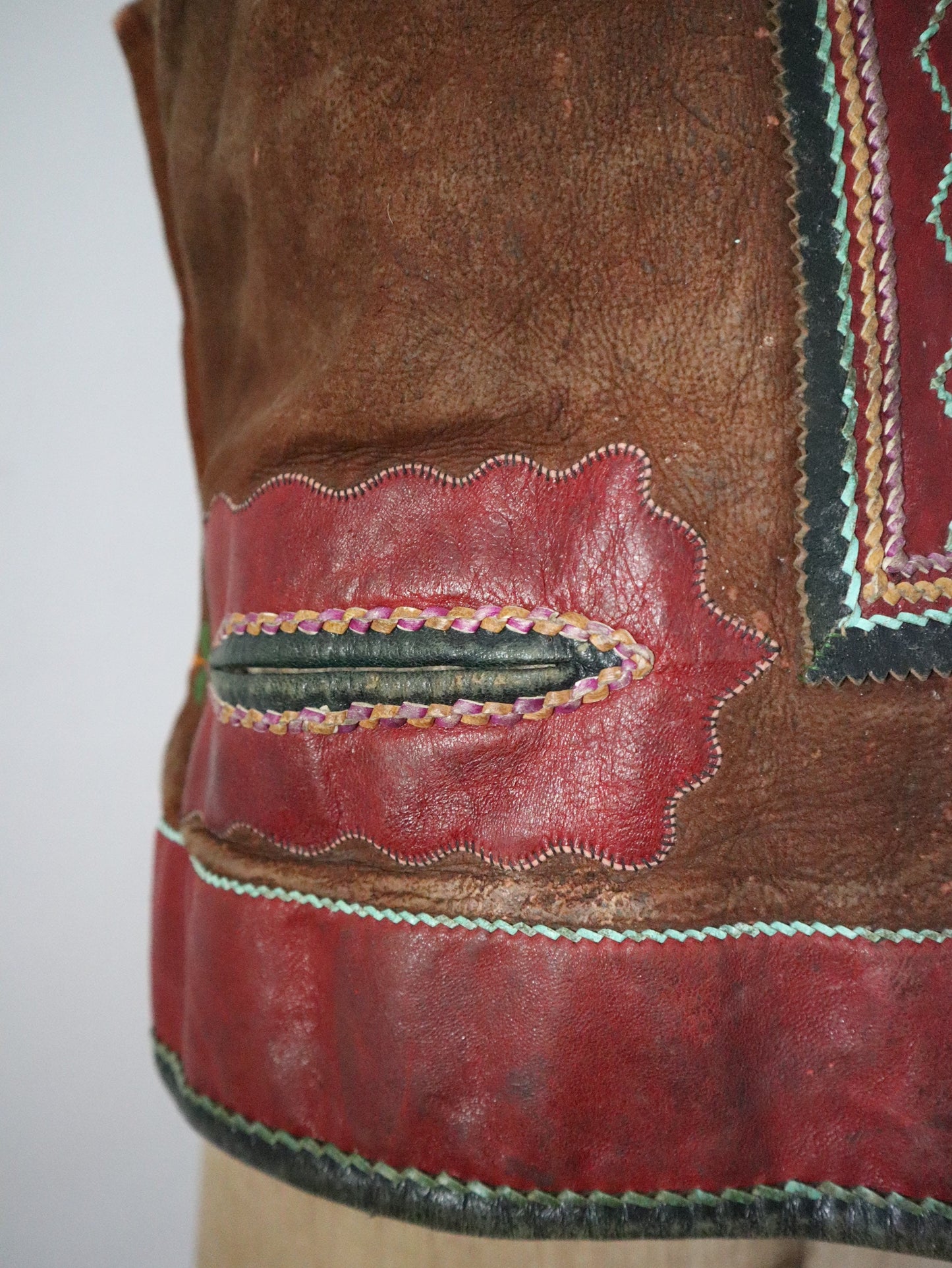 Rare 1930s Hungarian Sheepskin Leather Vest Waistcoat Wool pom-poms Brown Red Green Eastern European Folk