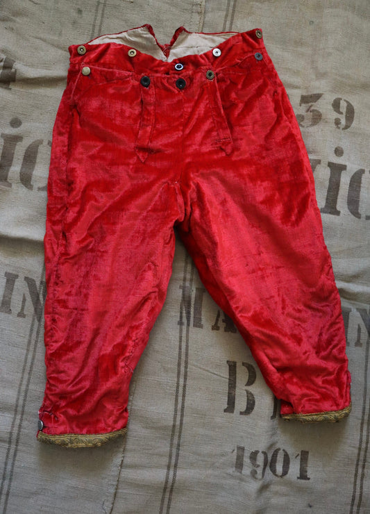 Antique French Opera Costumes Breeches Trousers Pants Red Velvet Metal Buttons Gold Metal ribbon trim Early 1900s Theatre