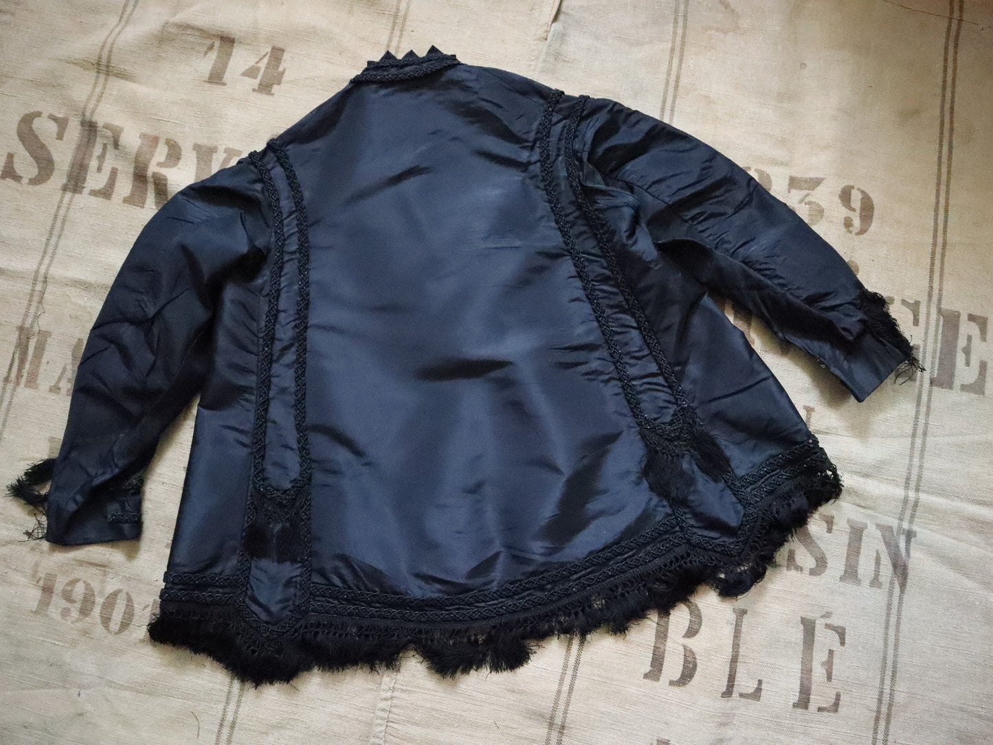 19th Century French Black silk Jacket Fringing Plaited Ribbon braiding