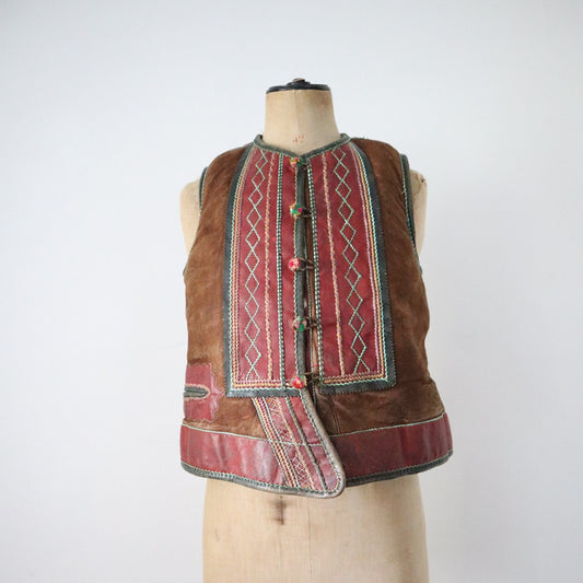 Rare 1930s Hungarian Sheepskin Leather Vest Waistcoat Wool pom-poms Brown Red Green Eastern European Folk