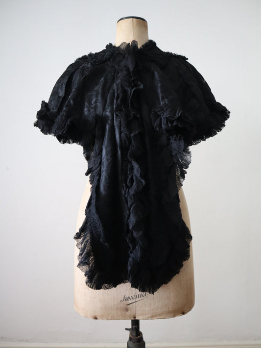 Antique Black Damask Silk Capelet Chiffon Ruffles Cape Collar 19th Century