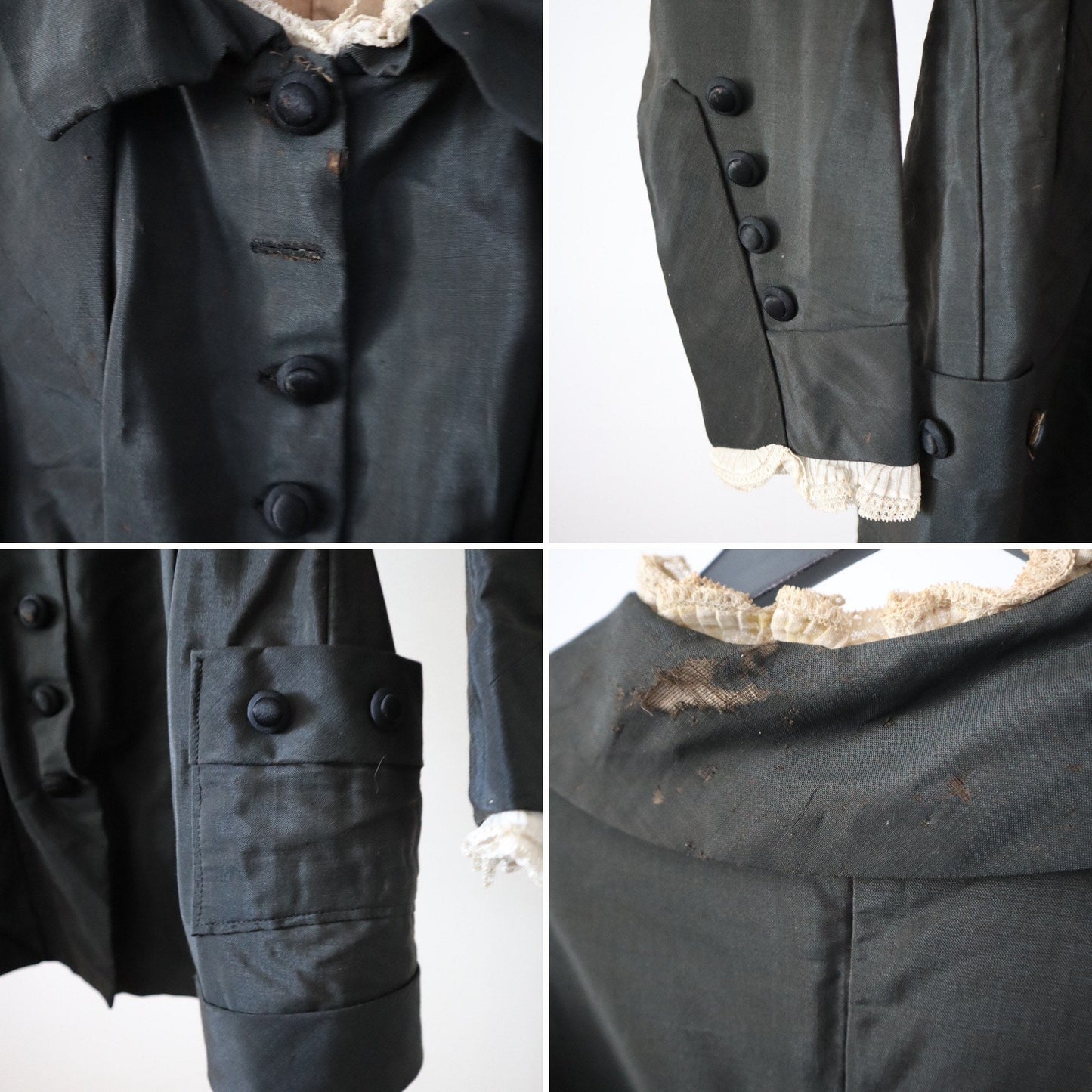 Antique French Black Silk Two Piece Outfit Costume Bodice Skirt Bows 19th Century