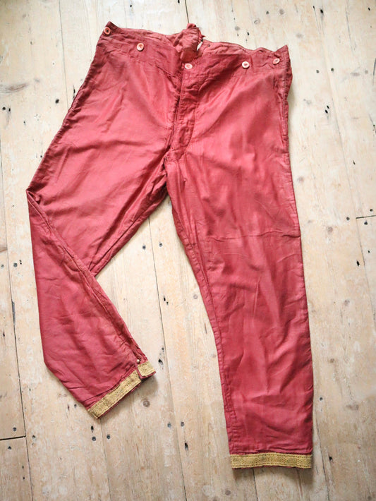 Antique French Red Cotton Sateen Trousers Gold metal ribbon Trim Button Fly Theatre Costume