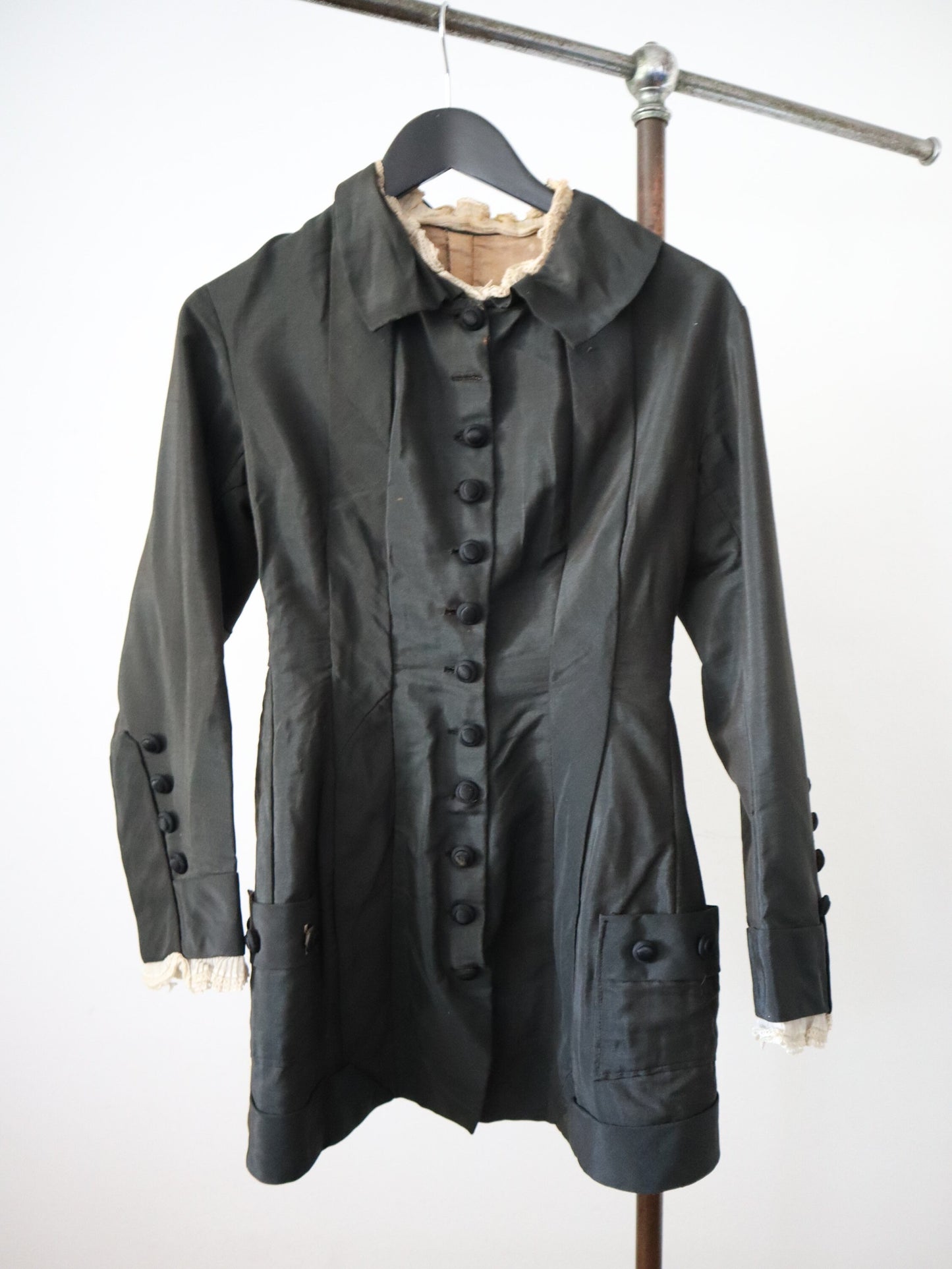 Antique French Black Silk Two Piece Outfit Costume Bodice Skirt Bows 19th Century