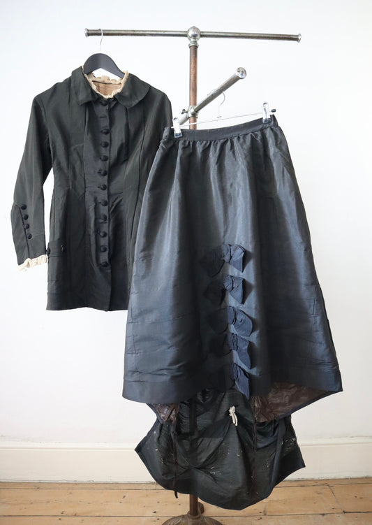 Antique French Black Silk Two Piece Outfit Costume Bodice Skirt Bows 19th Century