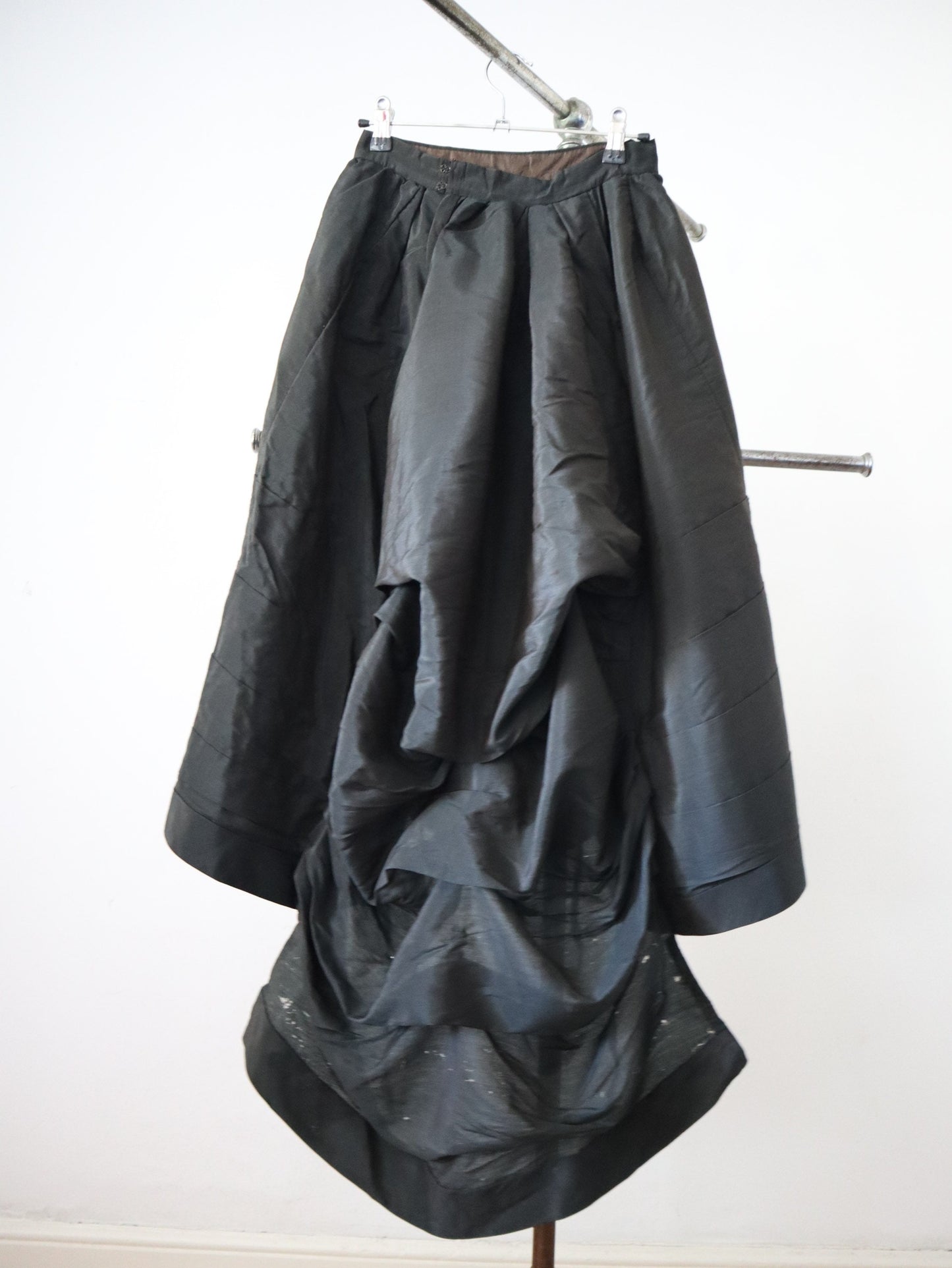 Antique French Black Silk Two Piece Outfit Costume Bodice Skirt Bows 19th Century