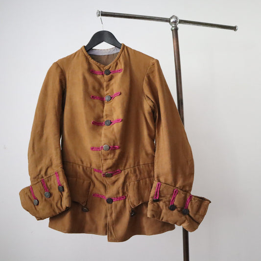 Antique French Theatre Costume Jacket Cotton Wool Magenta Trim Embossed Metal Buttons 18th Century Style Frock Coat