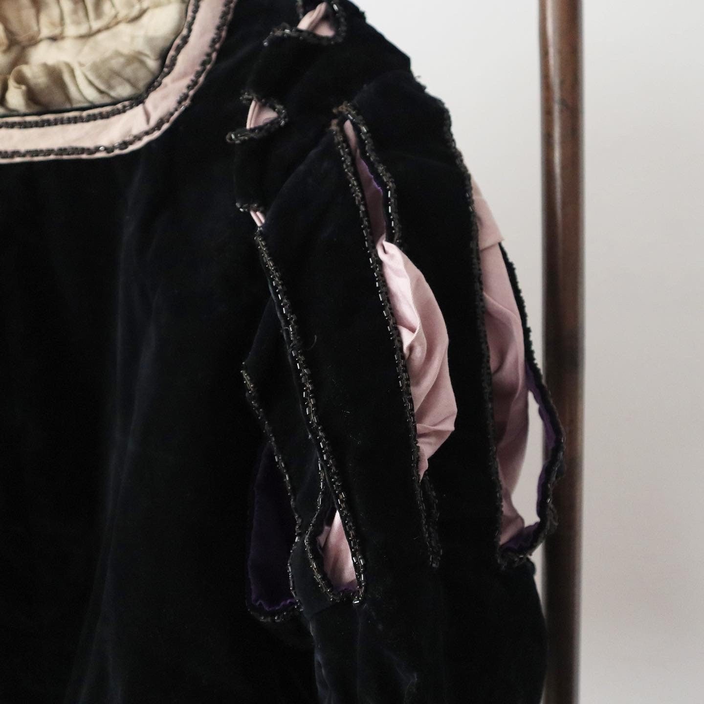 Antique 19th Century French Black Silk Velvet Bodice Lilac Silk Trim Beading Renaissance Style Theatre Opera Costume