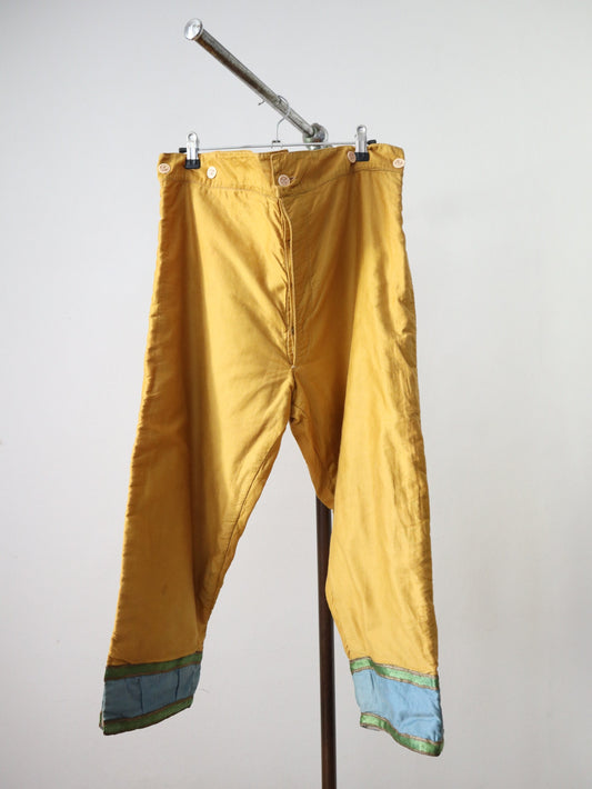 Antique French Theatre Costume Yellow Trousers Pants Blue Green Trim Silk Silver Métal Thread Bone Buttons