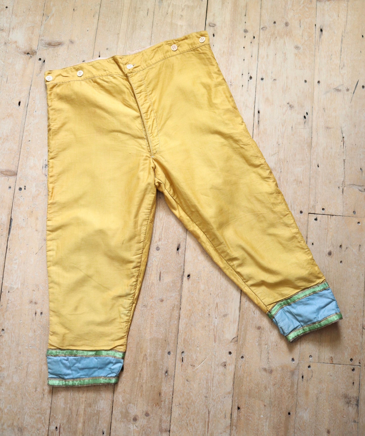 Antique French Theatre Costume Yellow Trousers Pants Blue Green Trim Silk Silver Métal Thread Bone Buttons