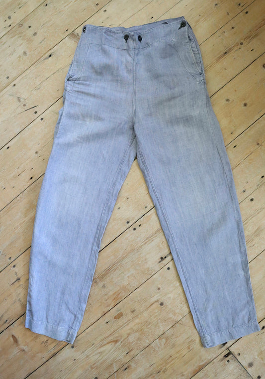 1940s French Chambray Cotton Sailor Trousers Pants Military High Waisted