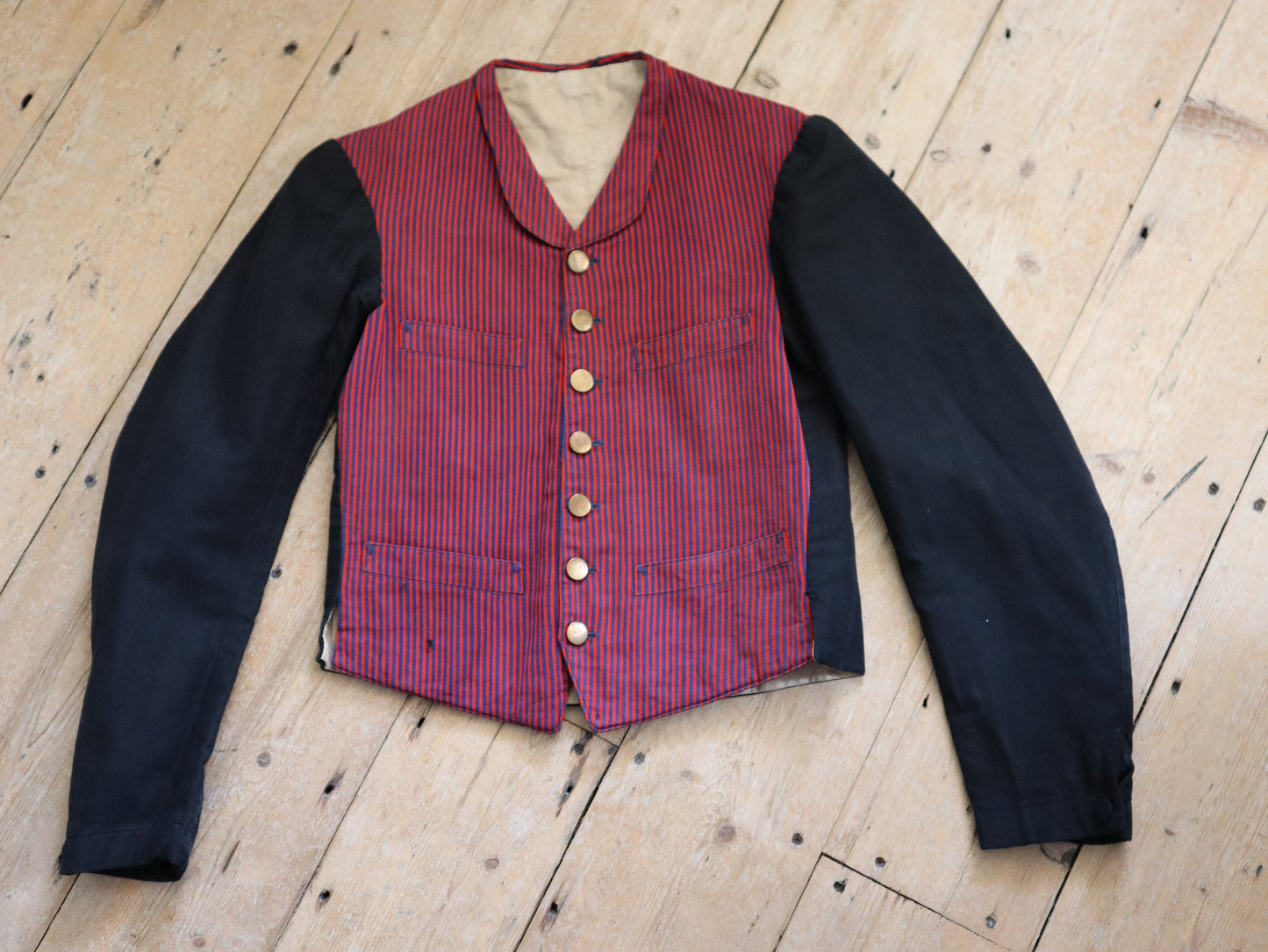 1920s French Red and Blue Striped workwear jacket Black Sleeves  servant vest sleeves wool cotton