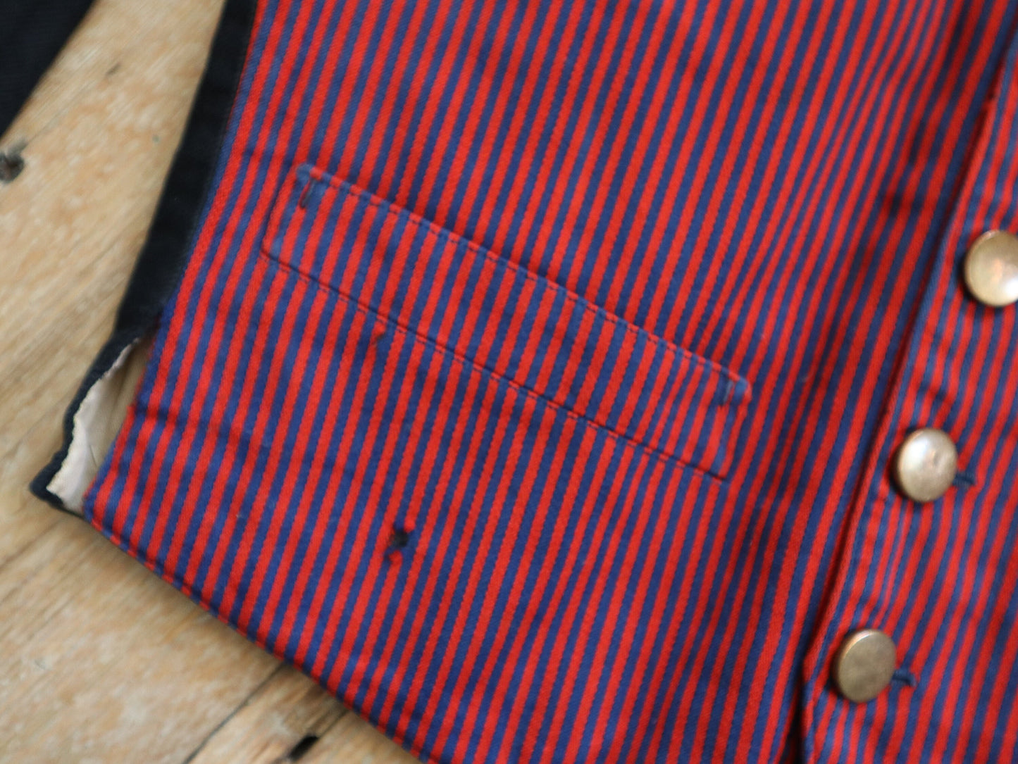 1920s French Red and Blue Striped workwear jacket Black Sleeves  servant vest sleeves wool cotton