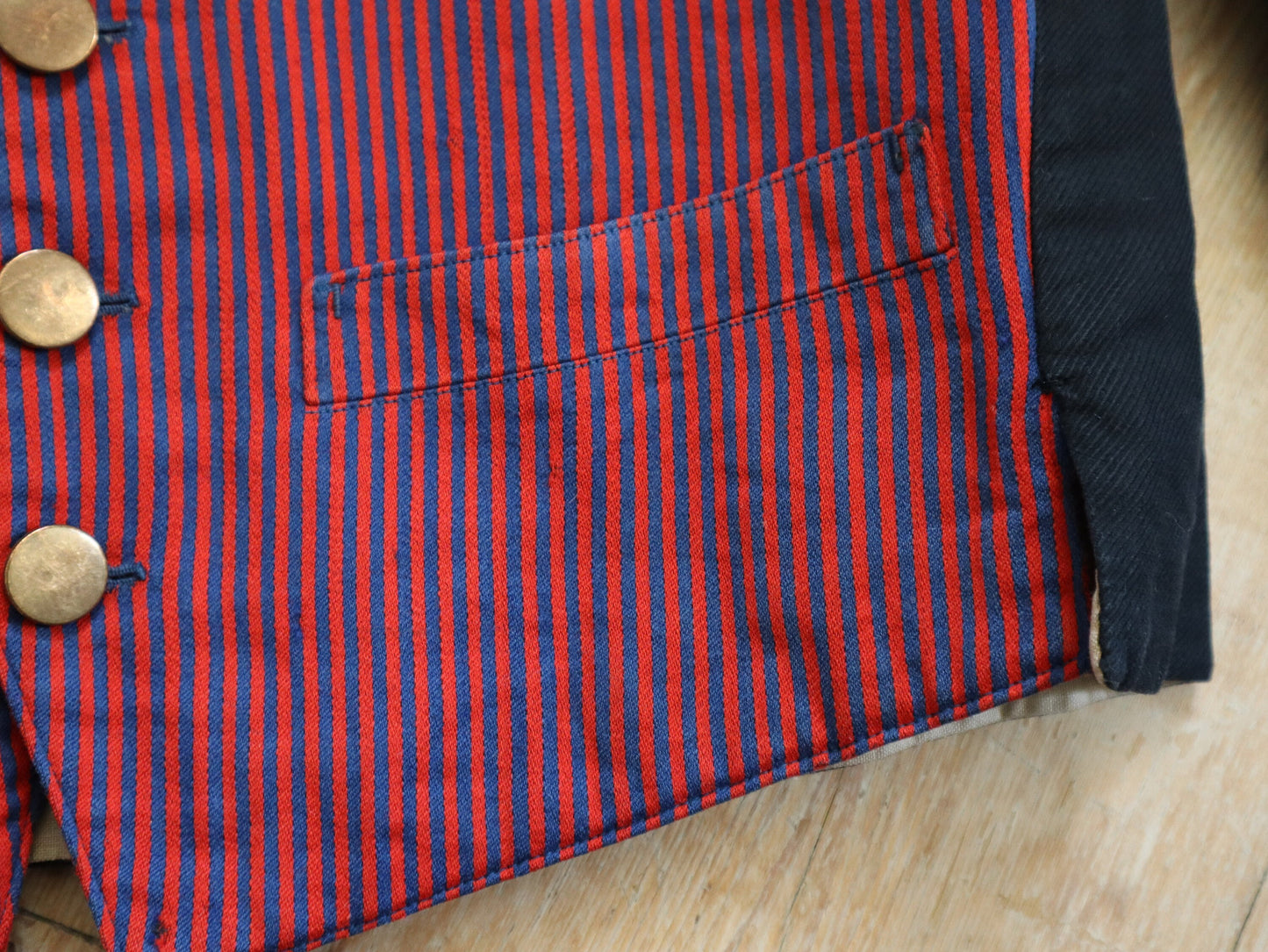 1920s French Red and Blue Striped workwear jacket Black Sleeves  servant vest sleeves wool cotton